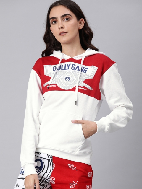 

Budweiser Streetwear Co Women White & Red Colourblocked Hooded Sweatshirt