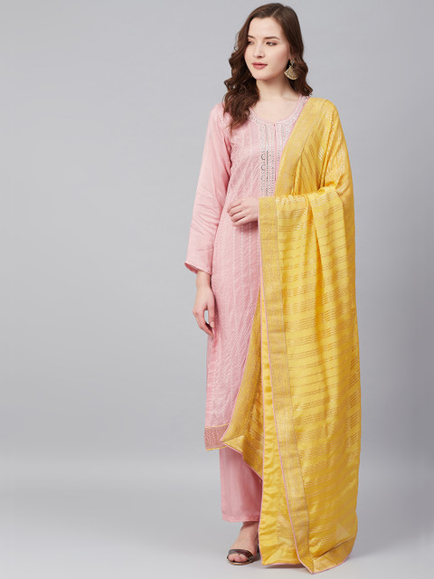 

Biba Peach-Coloured & Yellow Embroidered Upada Silk Unstitched Dress Material