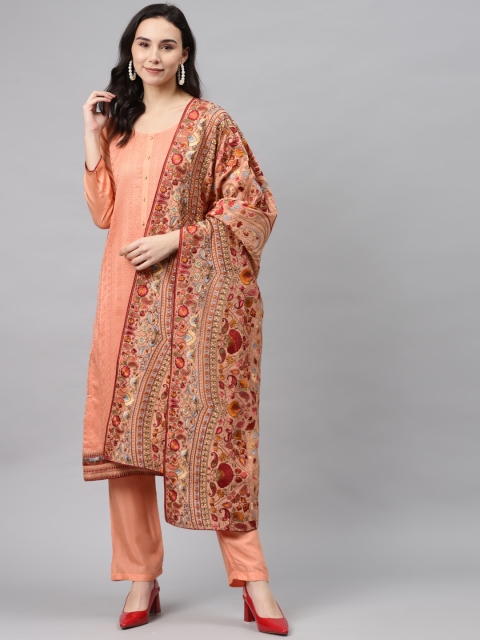 

Biba Peach-Coloured & Maroon Embroidered Unstitched Dress Material