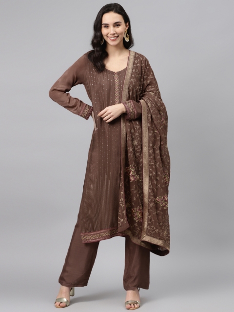 

Biba Coffee Brown & Golden Embellished Chinon Unstitched Dress Material