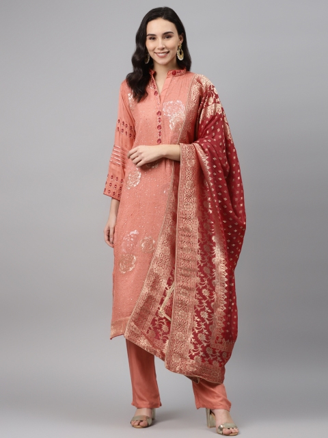 

Biba Peach-Coloured & Maroon Embroidered Upada Silk Unstitched Dress Material
