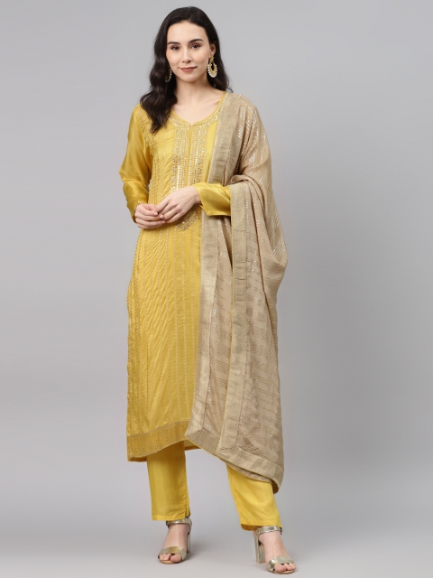 

Biba Mustard Yellow & Beige Striped Unstitched Dress Material