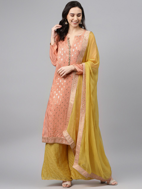

Biba Peach-Coloured & Mustard Yellow Mirror-Work Embellished Unstitched Dress Material