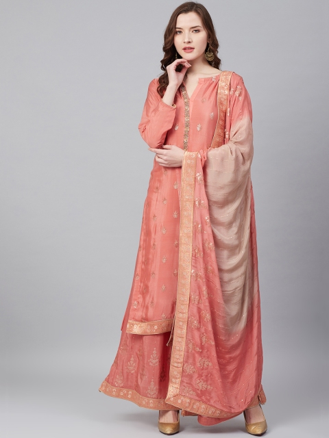 

Biba Peach-Coloured & Golden Embellished Unstitched Dress Material