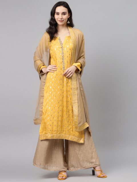 

Biba Mustard Yellow & Beige Mirror-Work Embellished Unstitched Dress Material