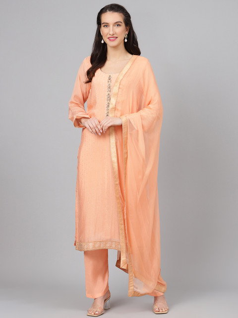 

Biba Peach-Coloured Embellished Unstitched Dress Material