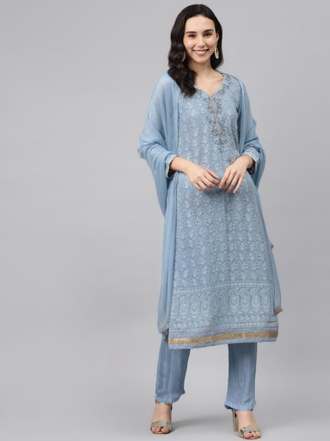 

Biba Blue Georgette Embroidered Unstitched Dress Material