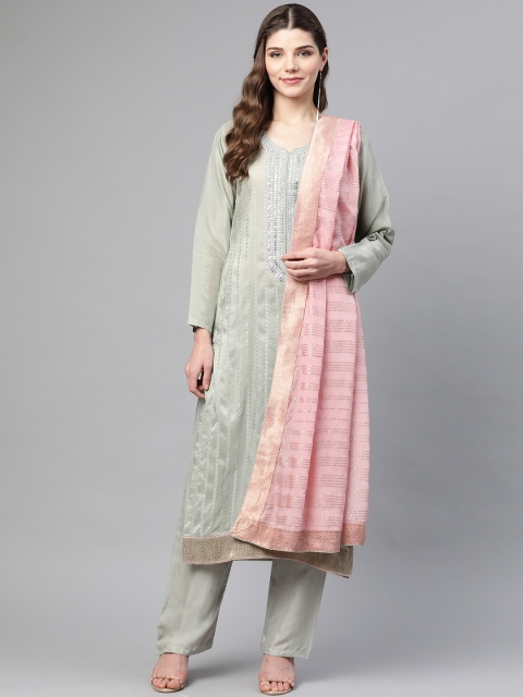 

Biba Green & Pink Upada Silk Unstitched Dress Material