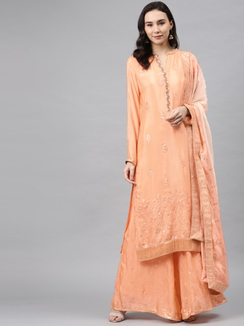 

Biba Peach-Coloured & Golden Embroidered Unstitched Dress Material
