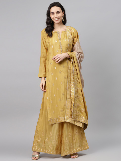 

Biba Mustard Yellow & Golden Embellished Chinon Unstitched Dress Material