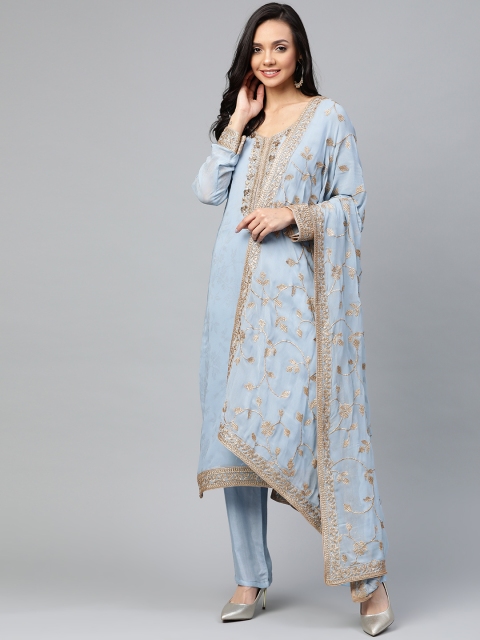 

Biba Blue & Golden Unstitched Dress Material with Embroidery