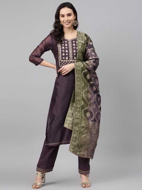 

Biba Aubergine & Golden Unstitched Dress Material, Purple