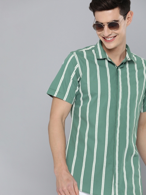 

Mast & Harbour Men Green & White Regular Fit Striped Casual Shirt