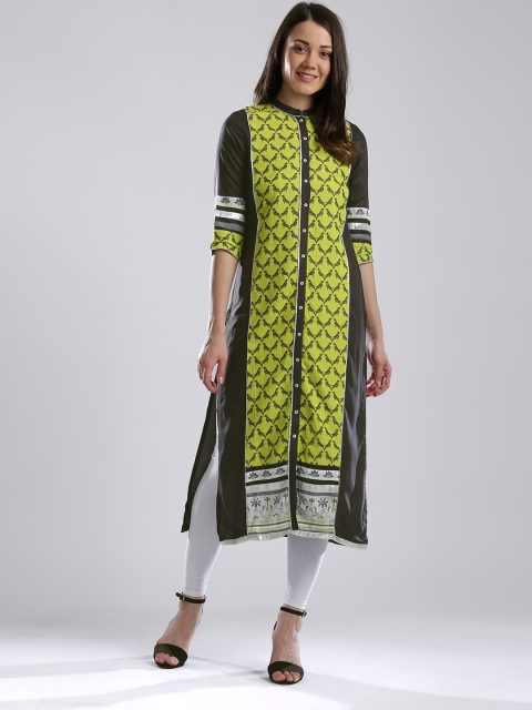 

W Charcoal Grey & Lime Green Patterned Kurta