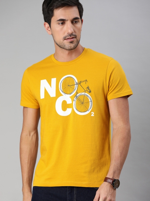 

Indian Terrain Men Mustard Yellow Printed Round Neck Pure Cotton T-shirt