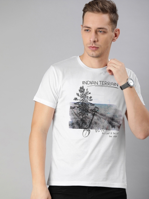 

Indian Terrain Men White Printed Round Neck Pure Cotton T-shirt