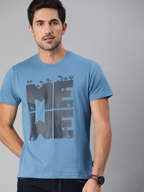 

Indian Terrain Men Blue Printed Round Neck Pure Cotton T-shirt