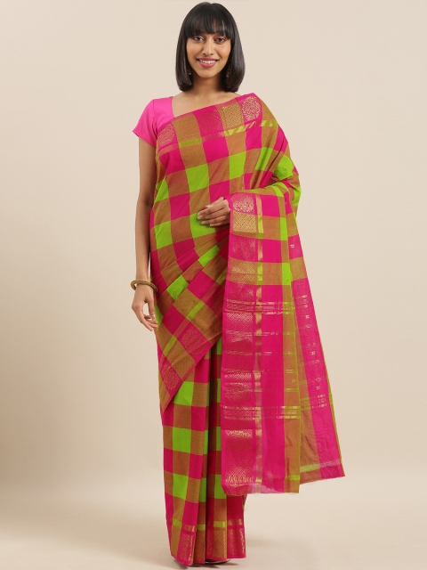 

The Chennai Silks Green & Pink Pure Cotton Checked Chettinad Saree