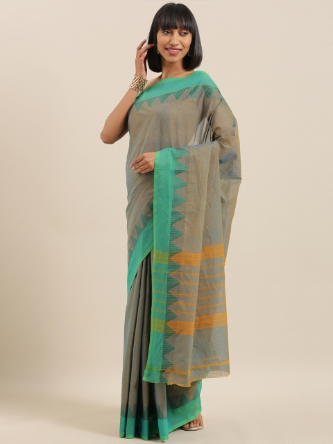

The Chennai Silks Grey & Mustard Yellow Pure Cotton Checked Chettinad Saree