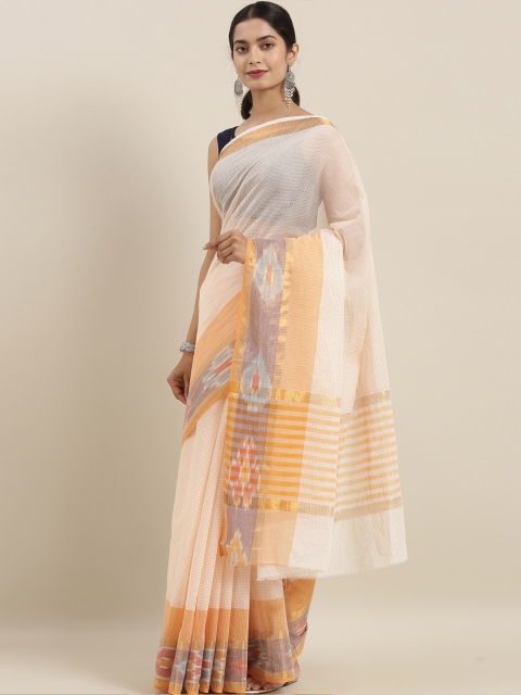 The Chennai Silks Off-White & Orange Pure Cotton Checked Venkatgiri Saree
