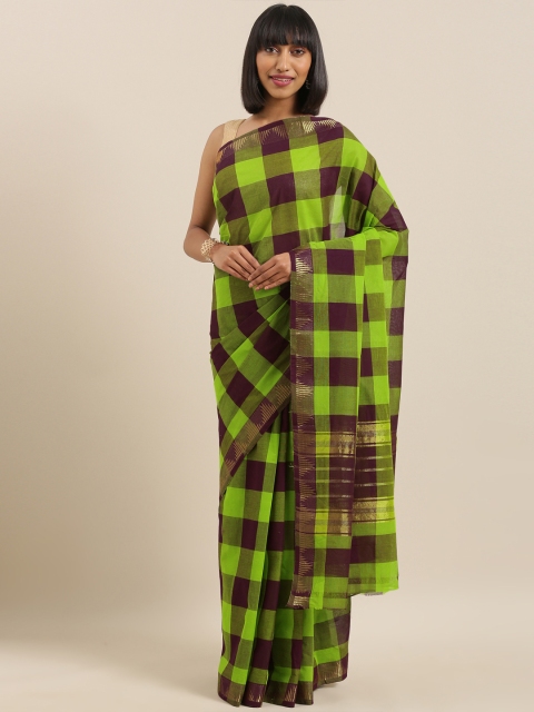 

The Chennai Silks Green & Purple Pure Cotton Checked Chettinad Saree