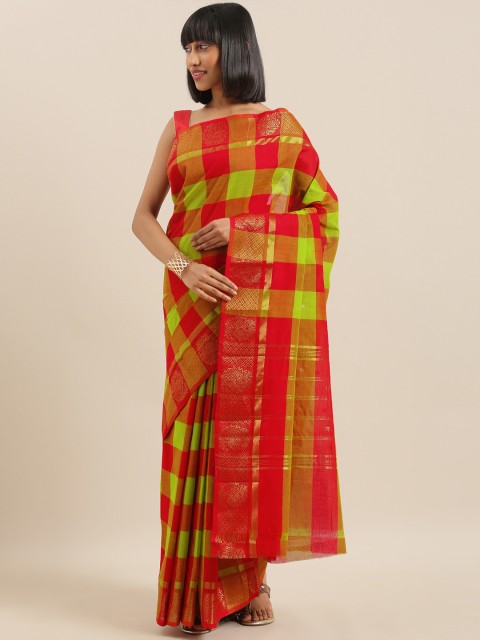 

The Chennai Silks Classicate Red & Green Pure Cotton Checked Chettinad Saree