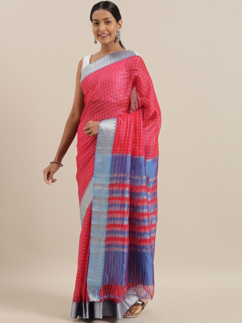 

The Chennai Silks Classicate Red & Silver-Toned Silk Cotton Checked Maheshwari Saree