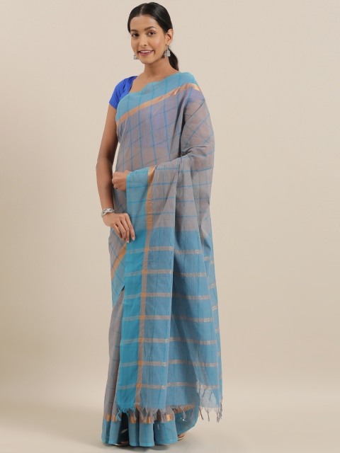 

The Chennai Silks Classicate Grey & Blue Pure Cotton Checked Saree