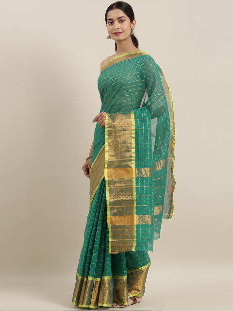 The Chennai Silks Green & Gold-Toned Pure Cotton Checked Venkatgiri Saree