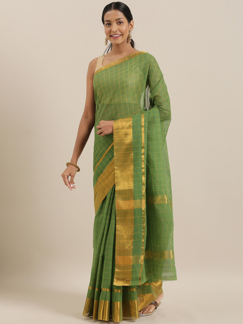 

The Chennai Silks Classicate Green & Golden Pure Cotton Checked Venkatgiri Saree