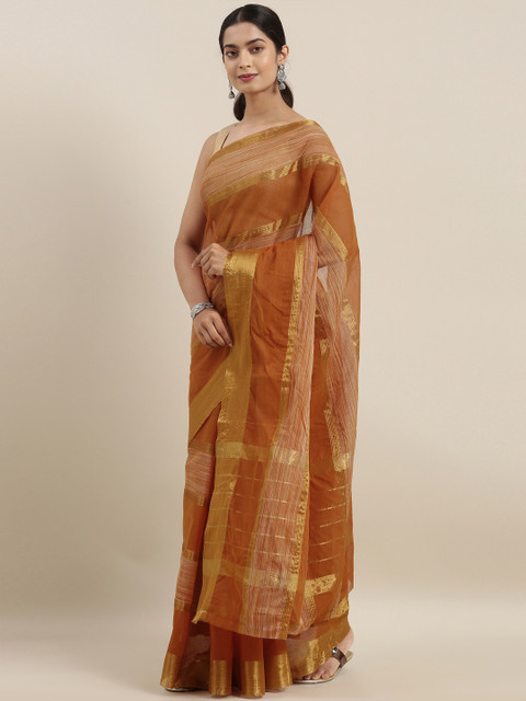 

The Chennai Silks Classicate Rust Orange & Golden Pure Cotton Striped Venkatgiri Saree