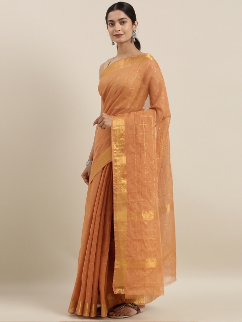 

The Chennai Silks Beige & Gold-Toned Pure Cotton Checked Venkatgiri Saree