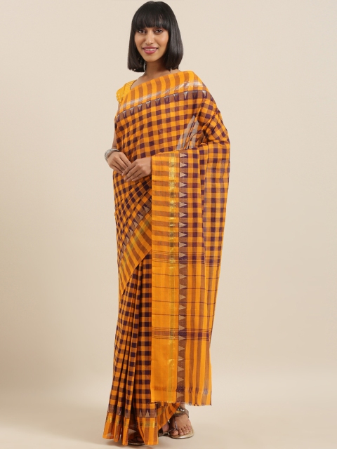 

The Chennai Silks Classicate Mustard Yellow & Black Pure Cotton Checked Chettinad Saree