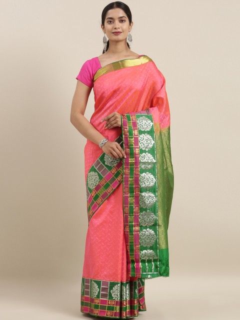 

The Chennai Silks Classicate Coral Pink & Green Pure Silk Woven Design Kanjeevaram Saree