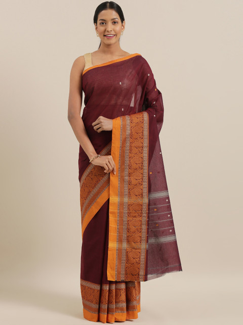 

The Chennai Silks Maroon & Orange Pure Cotton Woven Design Chettinad Saree