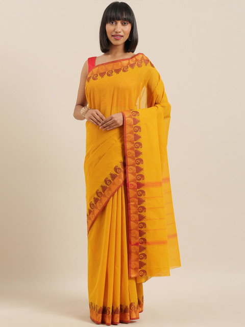 

The Chennai Silks Mustard & Maroon Pure Cotton Woven Design Chettinad Saree