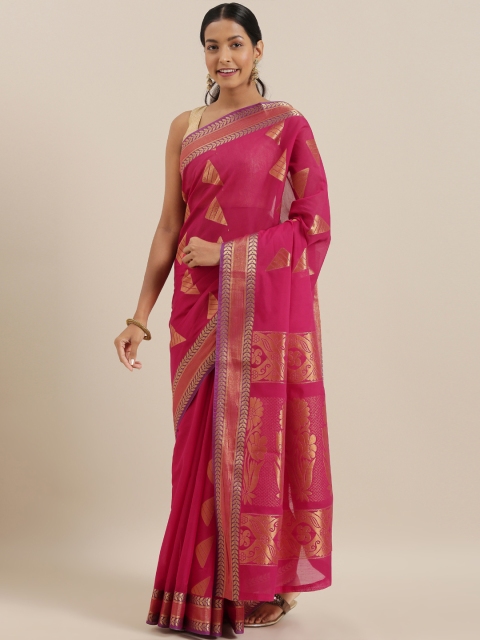 

The Chennai Silks Pink & Gold-Toned Silk Cotton Woven Design Maheshwari Saree