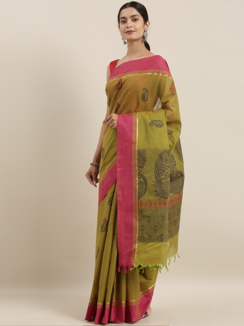 

The Chennai Silks Olive Green & Pink Pure Cotton Woven Design Kovai Saree