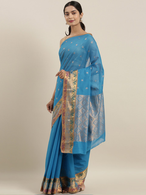 

The Chennai Silks Blue & Gold-Toned Pure Cotton Woven Design Venkatgiri Saree