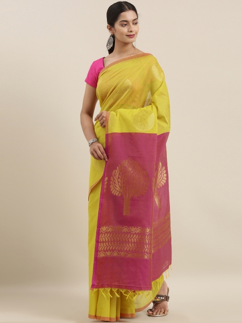

The Chennai Silks Mustard Yellow & Pink Silk Cotton Woven Design Maheshwari Saree
