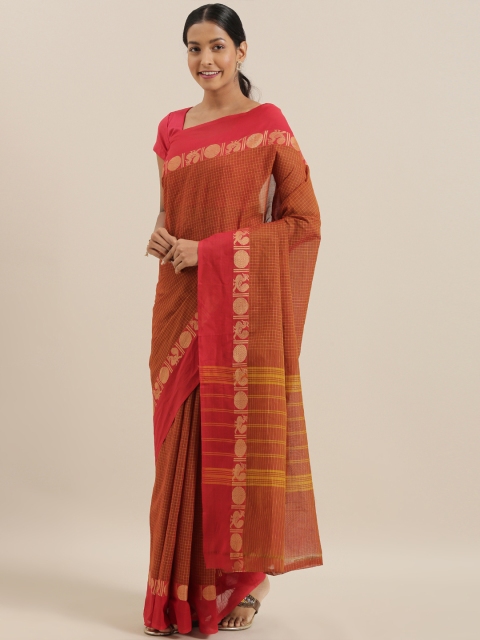 

The Chennai Silks Rust Orange & Mustard Yellow Pure Cotton Checked Chettinad Saree