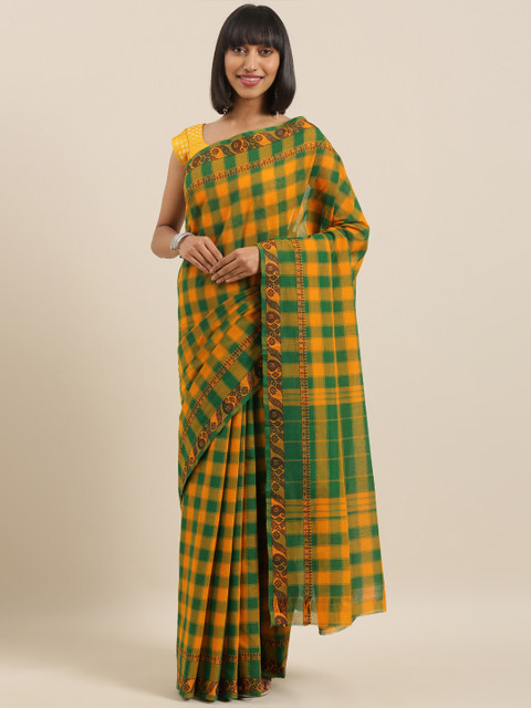 

The Chennai Silks Classicate Mustard Yellow & Green Pure Cotton Checked Chettinad Saree