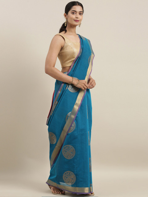 

The Chennai Silks Blue & Gold-Toned Silk Cotton Woven Design Maheshwari Saree