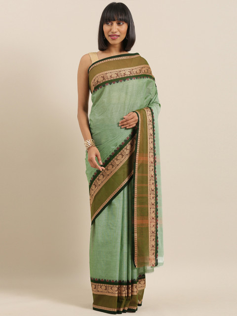 

The Chennai Silks Green & Beige Pure Cotton Woven Design Chettinad Saree