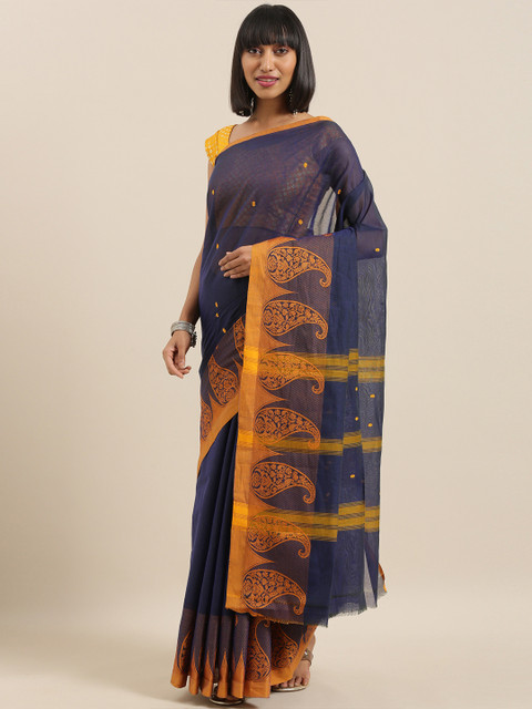 

The Chennai Silks Navy Blue & Mustard Yellow Pure Cotton Woven Design Chettinad Saree