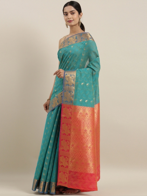 

The Chennai Silks Classicate Green & Gold-Toned Silk Cotton Woven Design Maheshwari Saree