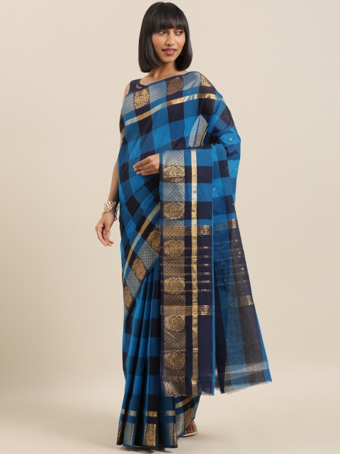 

The Chennai Silks Blue & Gold-Toned Pure Cotton Checked Chettinad Saree