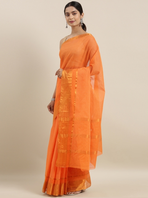 

The Chennai Silks Classicate Orange & Golden Pure Cotton Checked Venkatgiri Saree