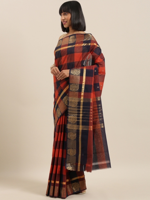 

The Chennai Silks Navy Blue & Rust-Coloured Pure Cotton Checked Chettinad Saree