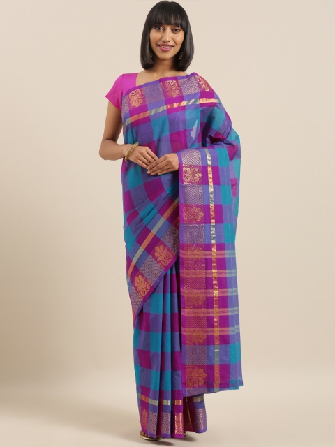 

The Chennai Silks Blue & Pink Pure Cotton Checked Chettinad Saree